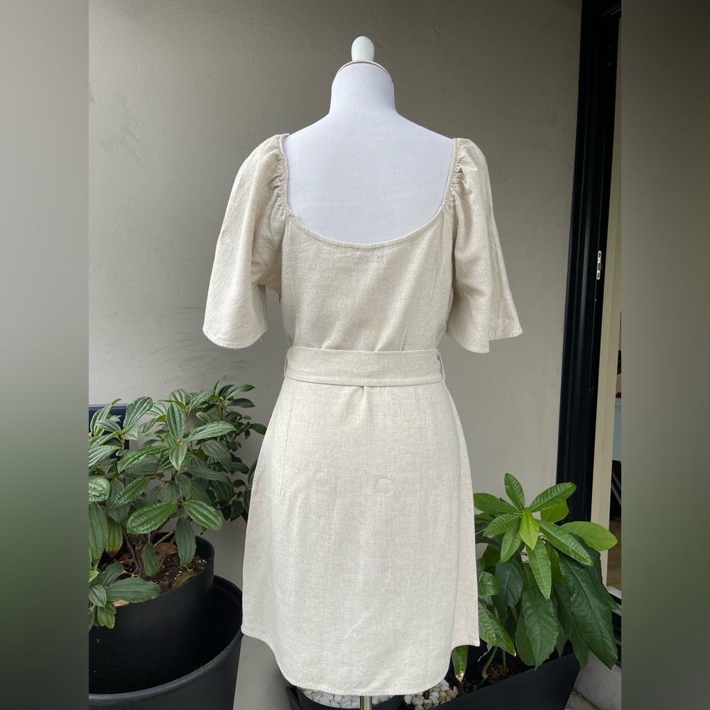 Cottagecore White Linen Mini Dress Puff Sleeve Belted Sweetheart Women 8 Coastal - Picture 6 of 11